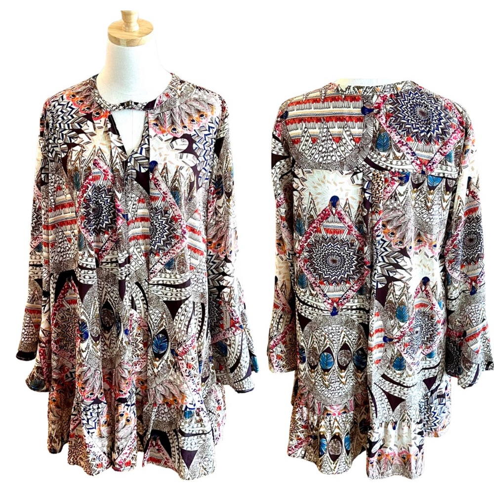 *NWT* BOUTIQUE Umgee Swing Midi Feather Print in Chocolate Red & Bright Blue —S - Picture 3 of 8
